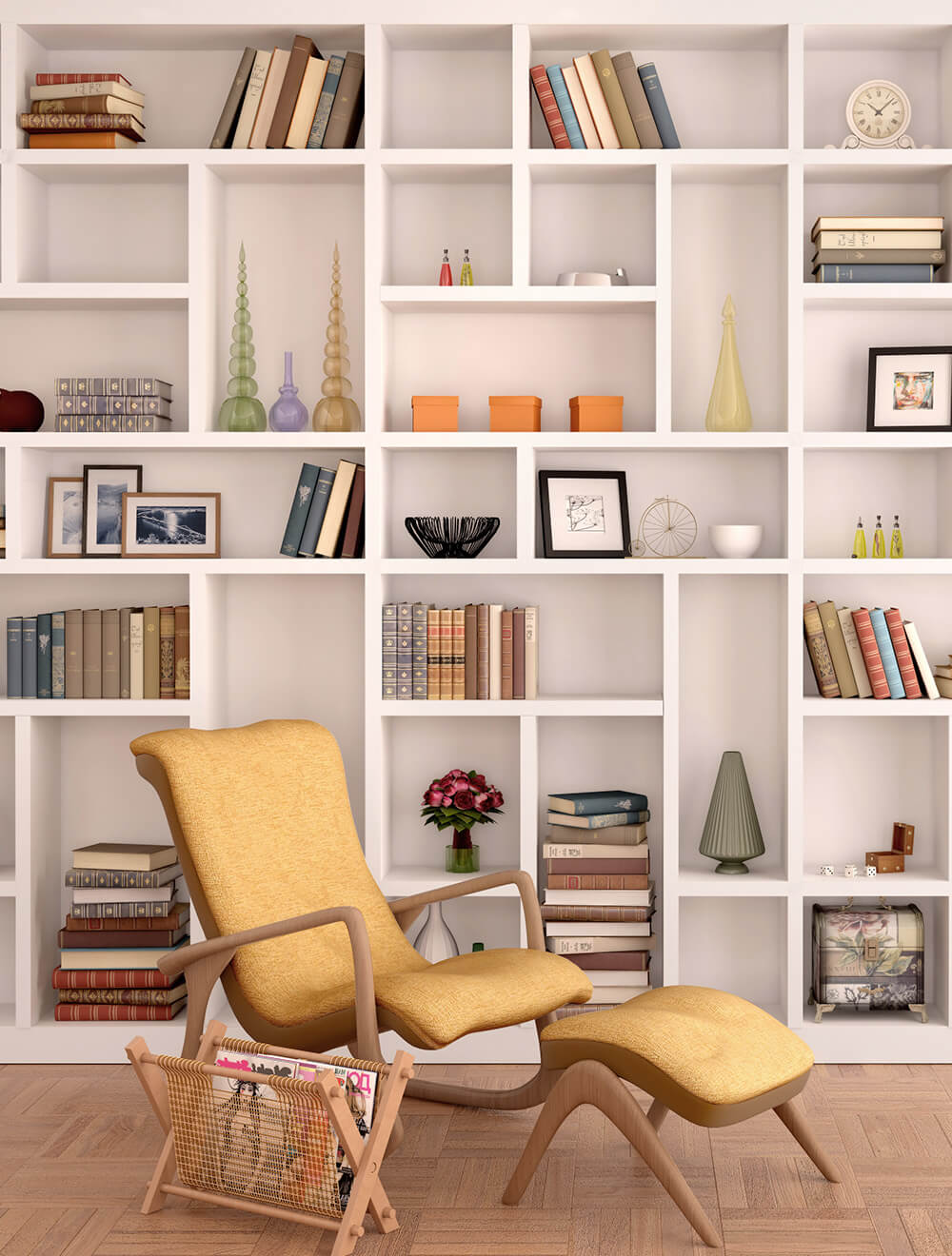 white book shelf to highlight vertical space