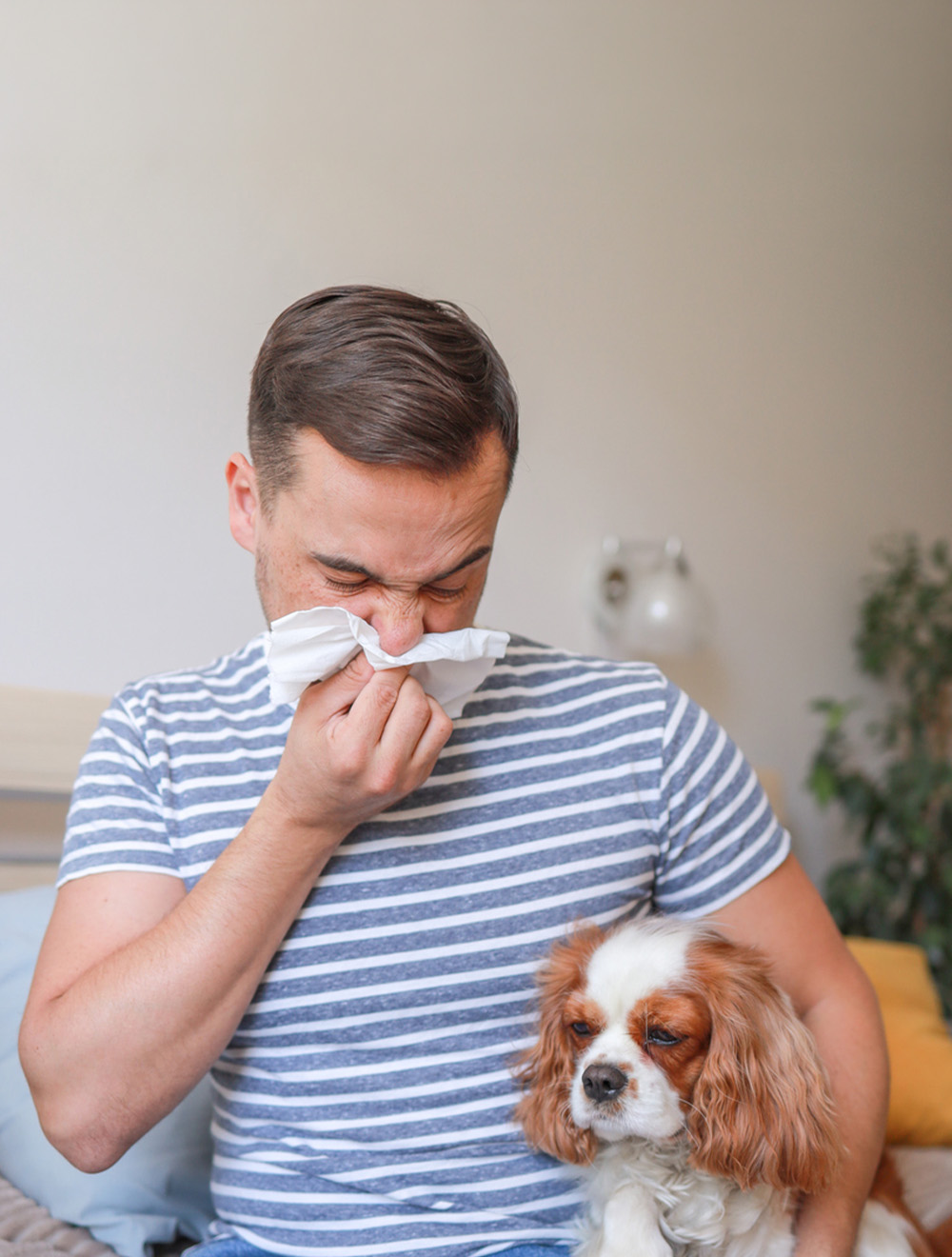 man sneezing into tissue while holding dog